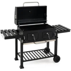 Holzkohlegrill mit Deckel Grillwagen mit Rädern & Abdeckhaube Kugelgrill mit Deckelthermometer