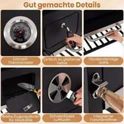 Holzkohlegrill mit Deckel Grillwagen mit Rädern & Abdeckhaube Kugelgrill mit Deckelthermometer