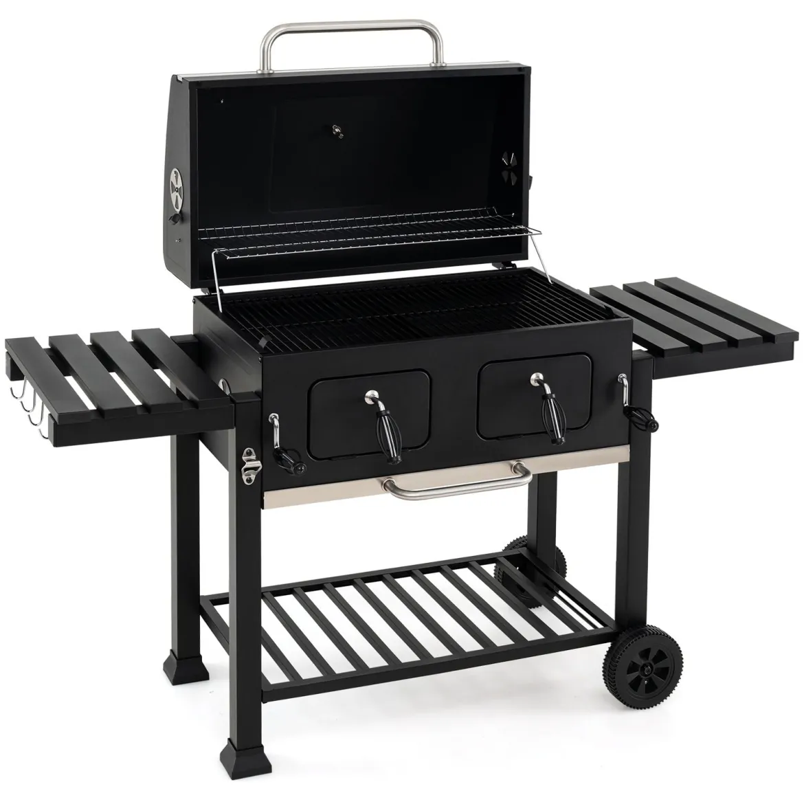 Holzkohlegrill mit Deckel Grillwagen mit Rädern & Abdeckhaube Kugelgrill mit Deckelthermometer