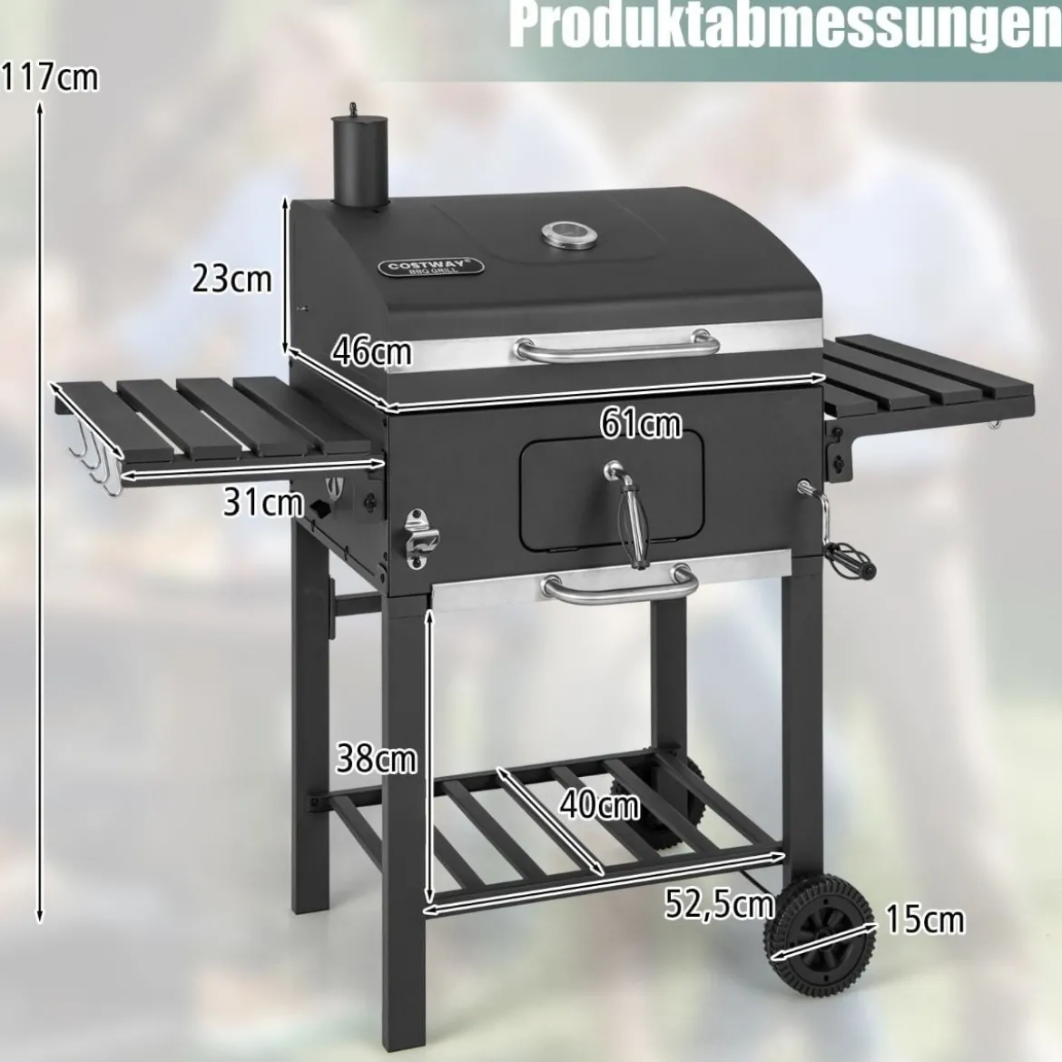 Holzkohlegrill mit Deckel & 2 Klappbaren Beistelltischen & 8 Haken & Thermometer & Flaschenöffner