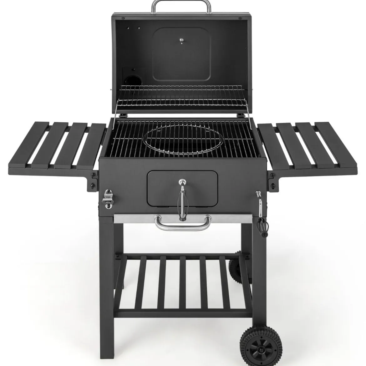 Holzkohlegrill mit Deckel & 2 Klappbaren Beistelltischen & 8 Haken & Thermometer & Flaschenöffner