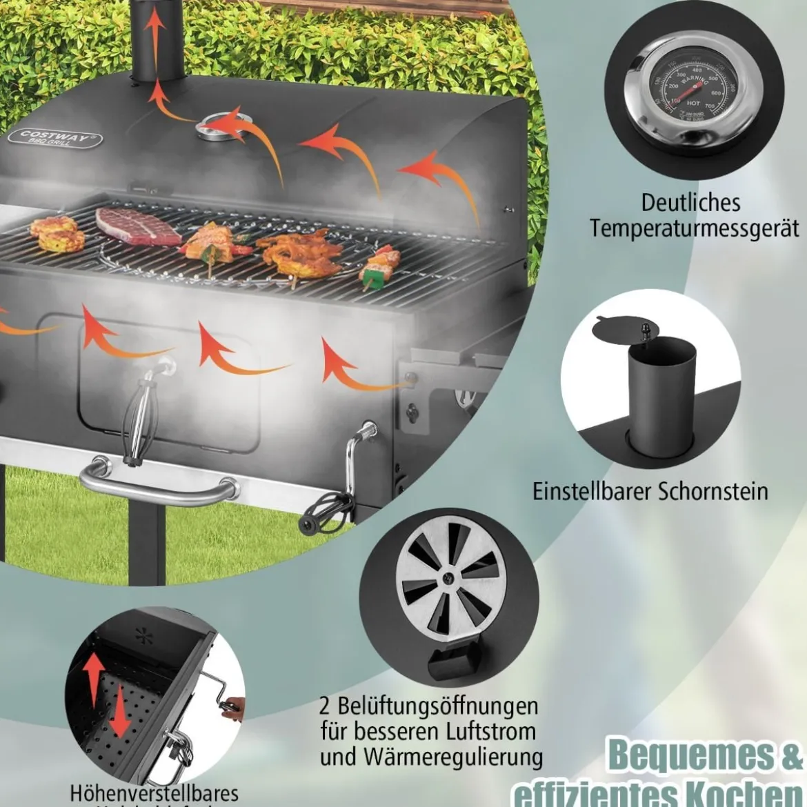 Holzkohlegrill mit Deckel & 2 Klappbaren Beistelltischen & 8 Haken & Thermometer & Flaschenöffner