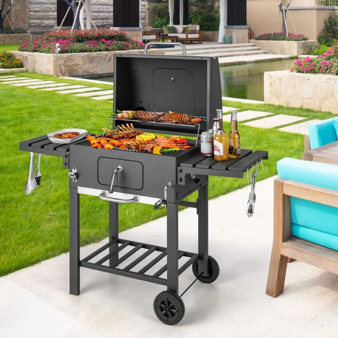 Holzkohlegrill mit Deckel & 2 Klappbaren Beistelltischen & 8 Haken & Thermometer & Flaschenöffner