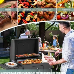 Holzkohlegrill mit Deckel & 2 Klappbaren Beistelltischen & 8 Haken & Thermometer & Flaschenöffner