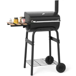 Holzkohlegrill mit Klappbarem Seitentisch & Thermostat Grillwagen Outdoor BBQ Grill
