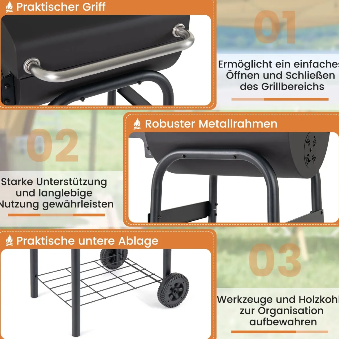 Holzkohlegrill mit Klappbarem Seitentisch & Thermostat Grillwagen Outdoor BBQ Grill