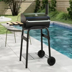 Holzkohlegrill mit Klappbarem Seitentisch & Thermostat Grillwagen Outdoor BBQ Grill
