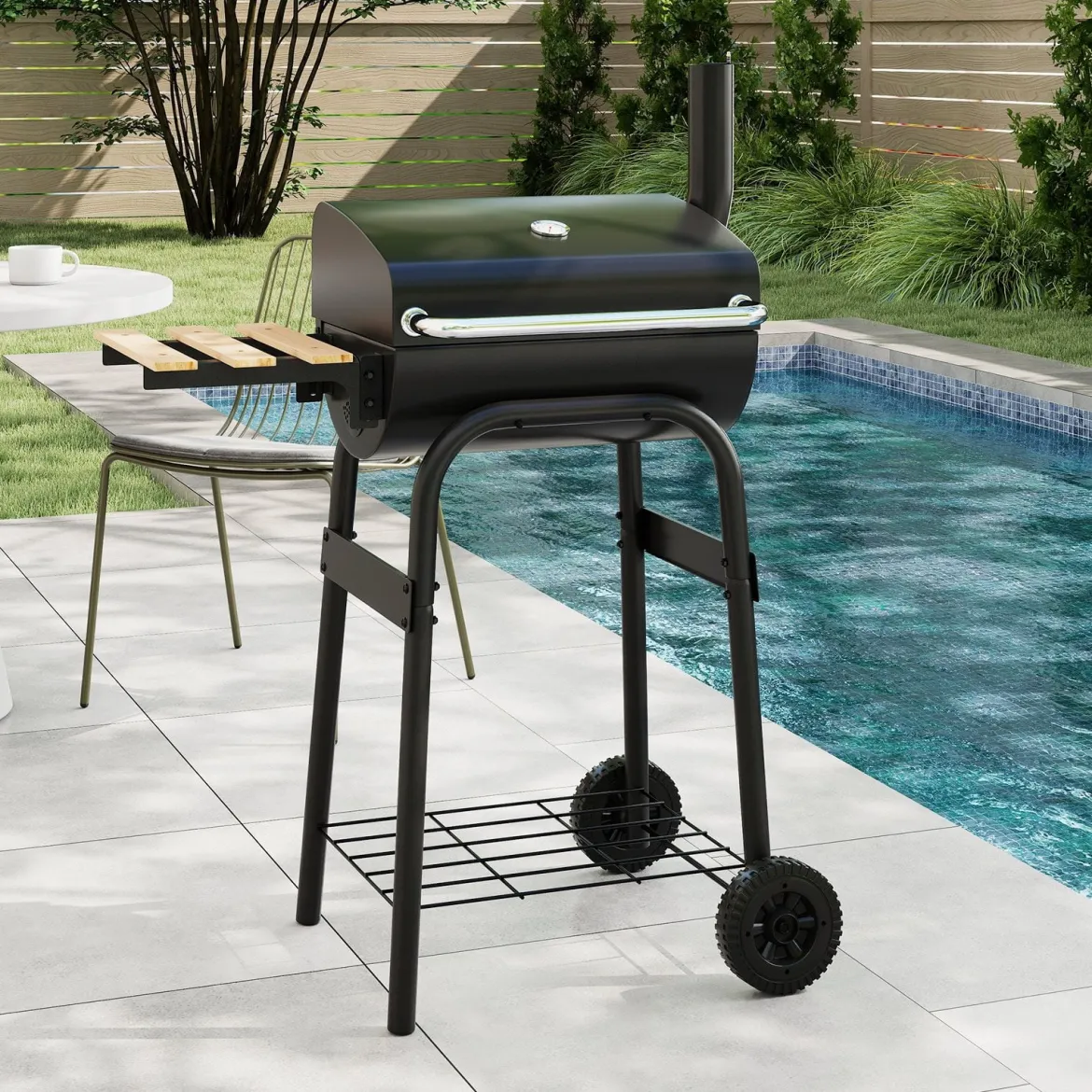 Holzkohlegrill mit Klappbarem Seitentisch & Thermostat Grillwagen Outdoor BBQ Grill