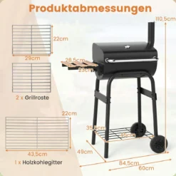 Holzkohlegrill mit Klappbarem Seitentisch & Thermostat Grillwagen Outdoor BBQ Grill