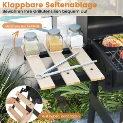 Holzkohlegrill mit Klappbarem Seitentisch & Thermostat Grillwagen Outdoor BBQ Grill