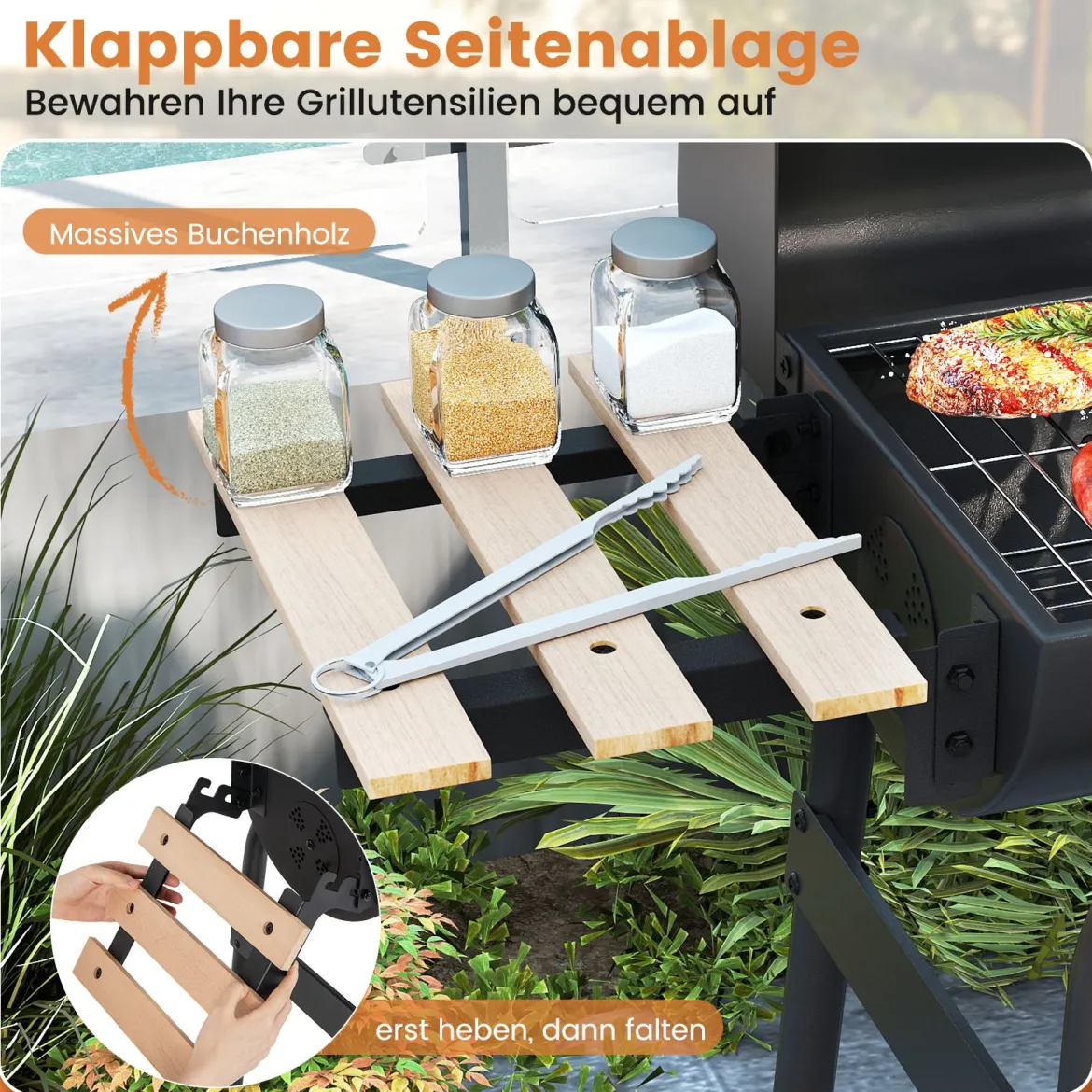 Holzkohlegrill mit Klappbarem Seitentisch & Thermostat Grillwagen Outdoor BBQ Grill