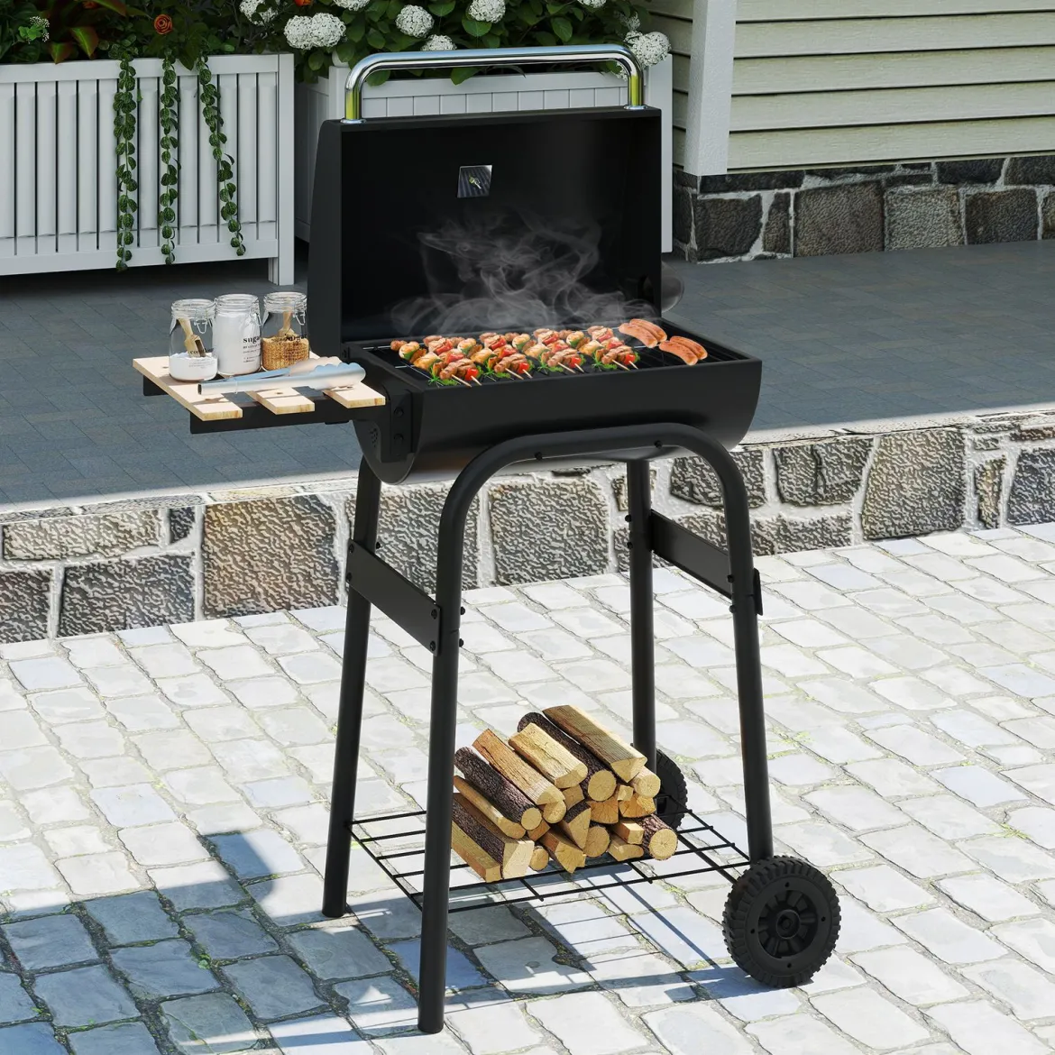 Holzkohlegrill mit Klappbarem Seitentisch & Thermostat Grillwagen Outdoor BBQ Grill