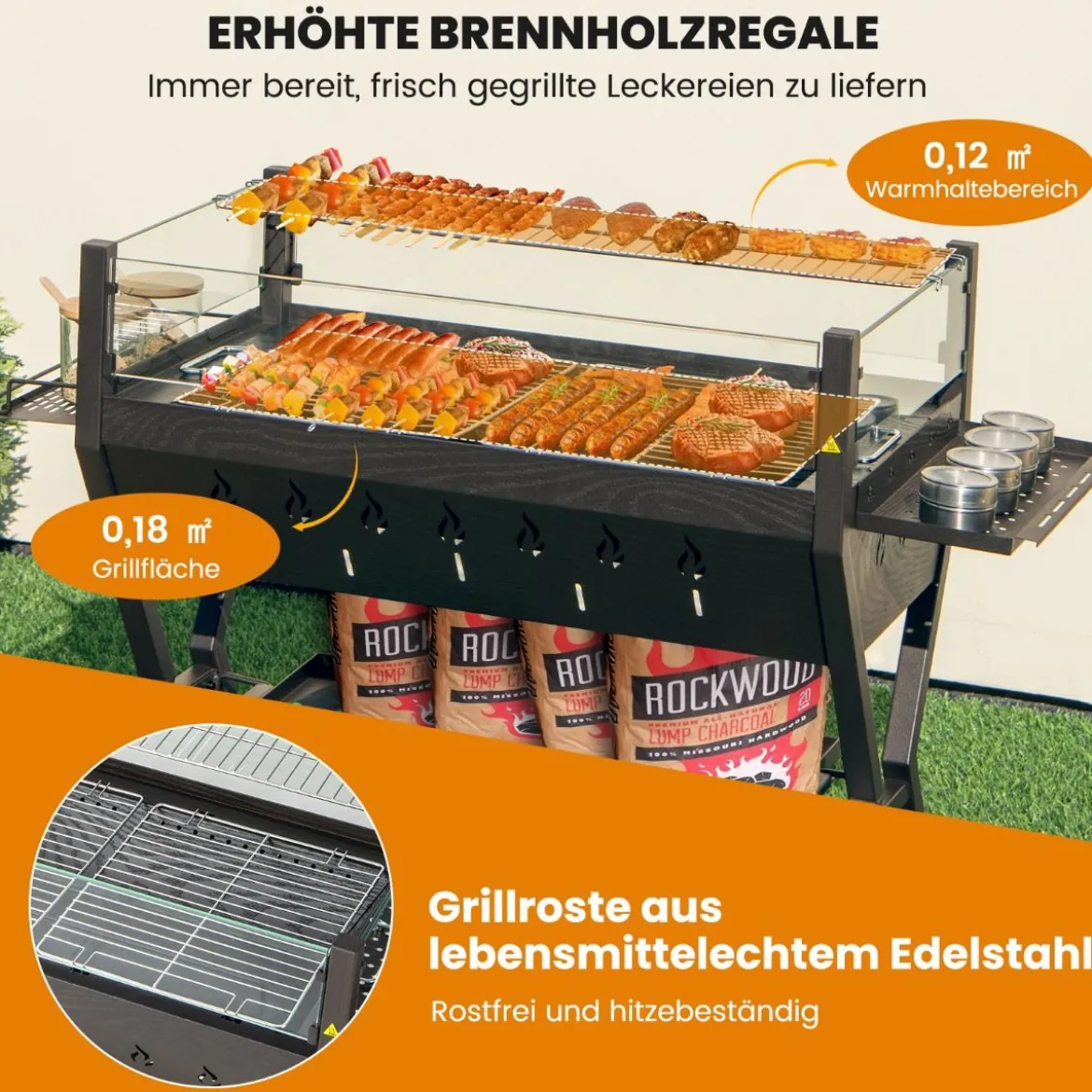 Holzkohlegrill mit Windschutz Würzregalen & Ablage Campinggrill Grillfläche aus Edelstahl 98 x 42 x 68 cm Braun