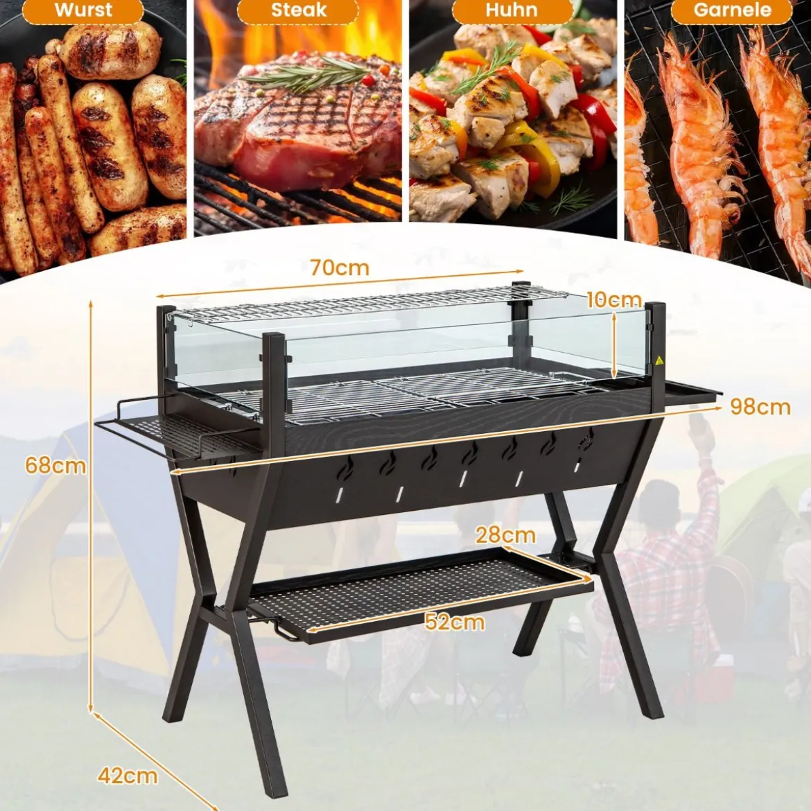 Holzkohlegrill mit Windschutz Würzregalen & Ablage Campinggrill Grillfläche aus Edelstahl 98 x 42 x 68 cm Braun