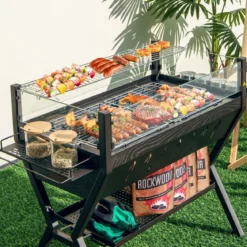 Holzkohlegrill mit Windschutz Würzregalen & Ablage Campinggrill Grillfläche aus Edelstahl 98 x 42 x 68 cm Braun