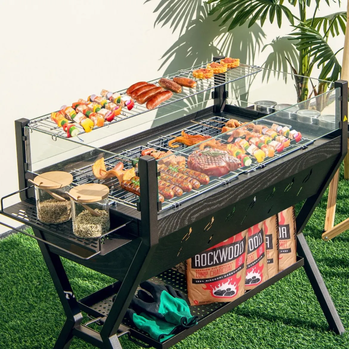 Holzkohlegrill mit Windschutz Würzregalen & Ablage Campinggrill Grillfläche aus Edelstahl 98 x 42 x 68 cm Braun