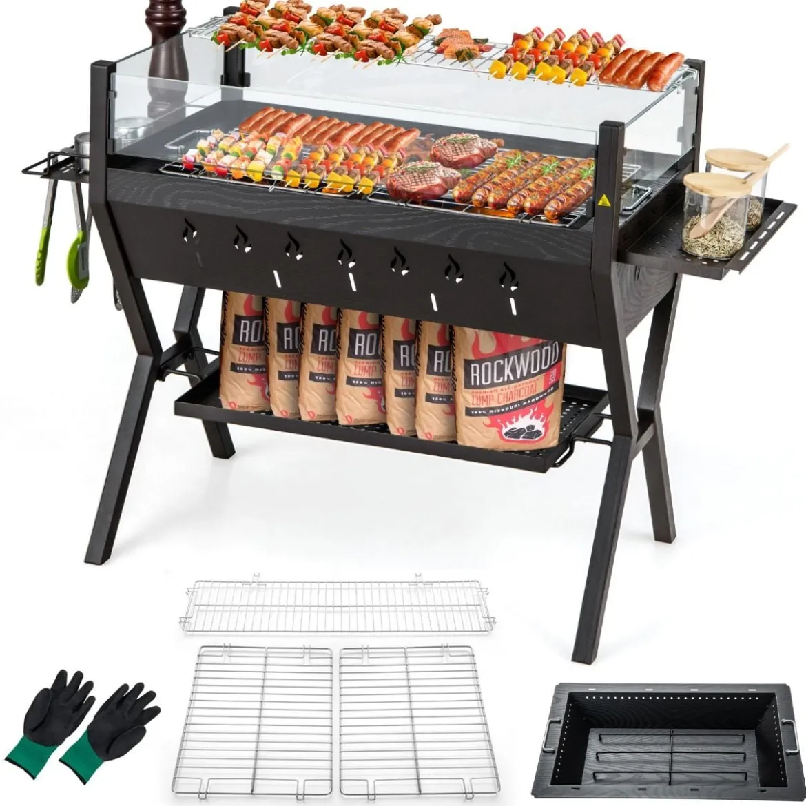 Holzkohlegrill mit Windschutz Würzregalen & Ablage Campinggrill Grillfläche aus Edelstahl 98 x 42 x 68 cm Braun