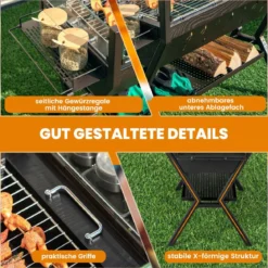 Holzkohlegrill mit Windschutz Würzregalen & Ablage Campinggrill Grillfläche aus Edelstahl 98 x 42 x 68 cm Braun