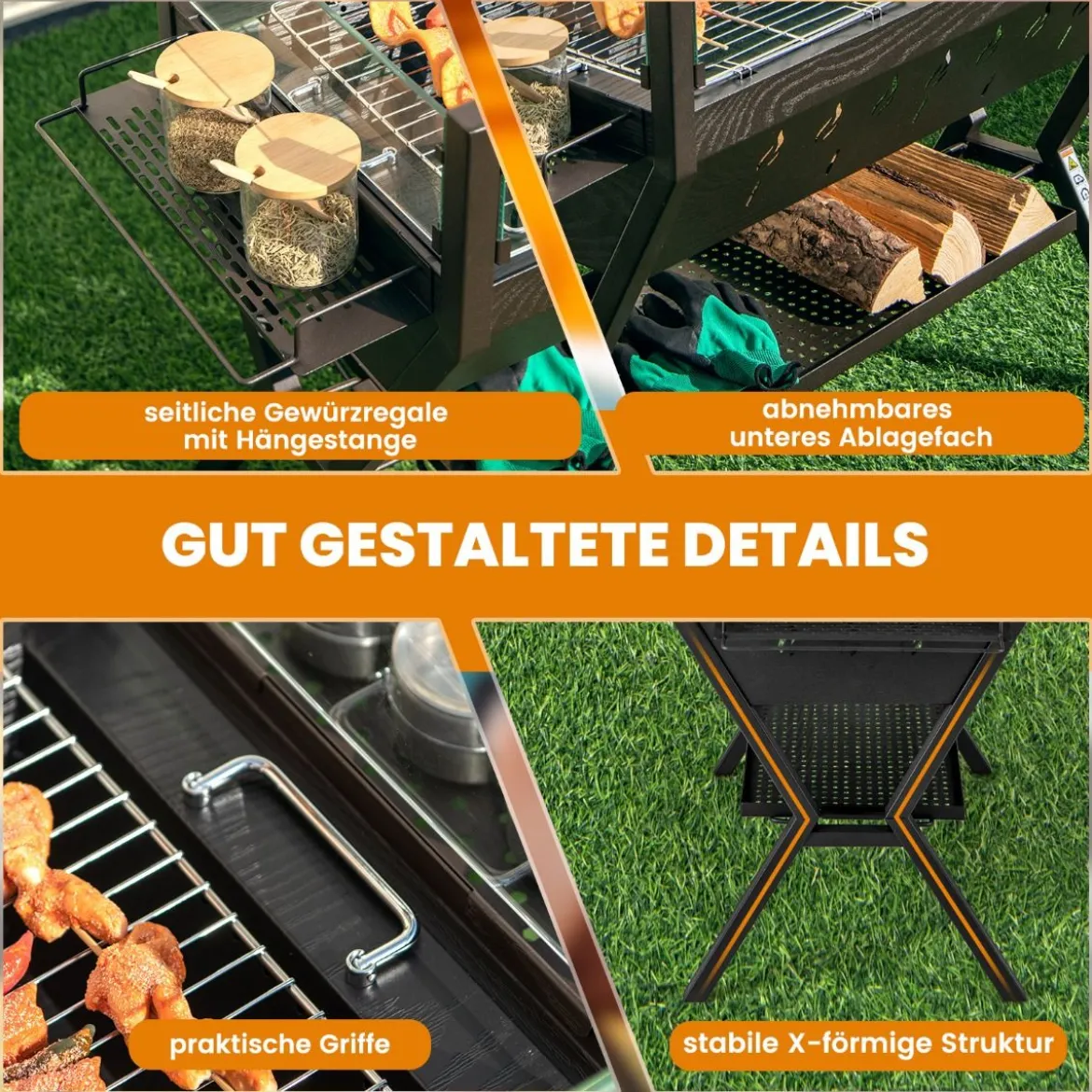 Holzkohlegrill mit Windschutz Würzregalen & Ablage Campinggrill Grillfläche aus Edelstahl 98 x 42 x 68 cm Braun