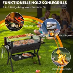 Holzkohlegrill mit Windschutz Würzregalen & Ablage Campinggrill Grillfläche aus Edelstahl 98 x 42 x 68 cm Braun