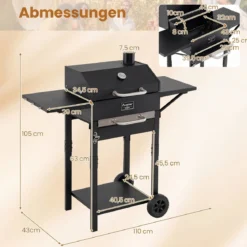 Holzkohlegrill Outdoor Grillwagen mit 2 Seitentischen Großer Räuchergrill mit Rollen