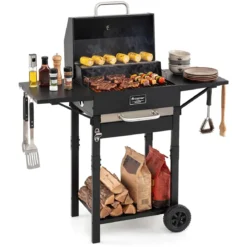 Holzkohlegrill Outdoor Grillwagen mit 2 Seitentischen Großer Räuchergrill mit Rollen