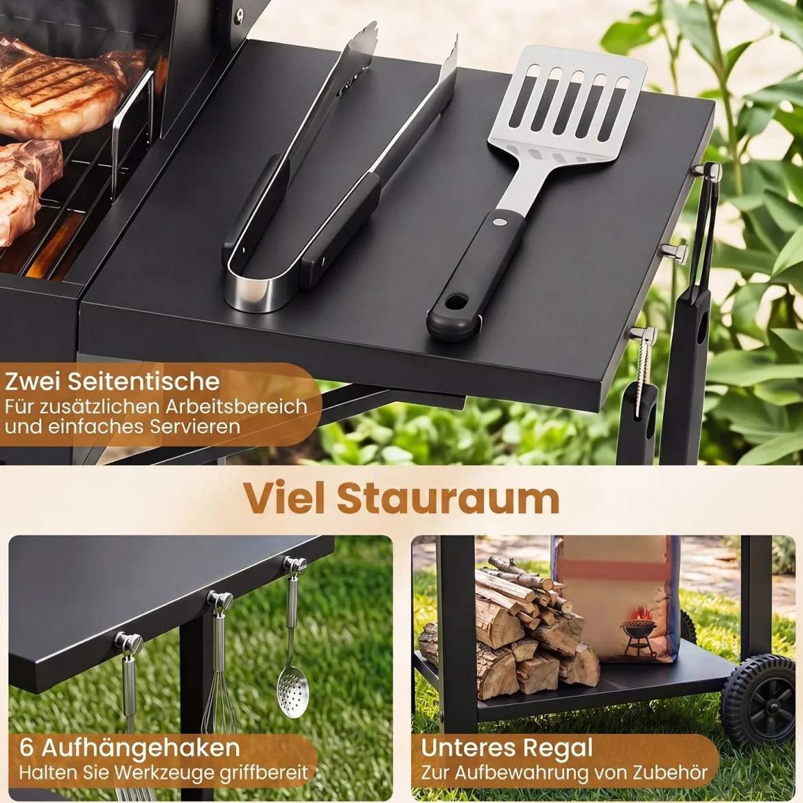 Holzkohlegrill Outdoor Grillwagen mit 2 Seitentischen Großer Räuchergrill mit Rollen