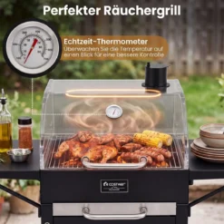 Holzkohlegrill Outdoor Grillwagen mit 2 Seitentischen Großer Räuchergrill mit Rollen