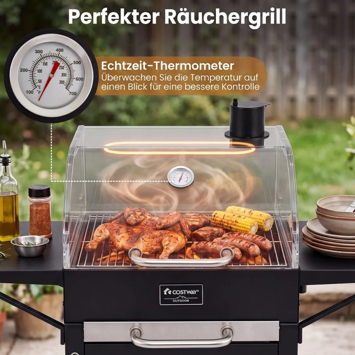 Holzkohlegrill Outdoor Grillwagen mit 2 Seitentischen Großer Räuchergrill mit Rollen