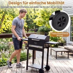 Holzkohlegrill Outdoor Grillwagen mit 2 Seitentischen Großer Räuchergrill mit Rollen