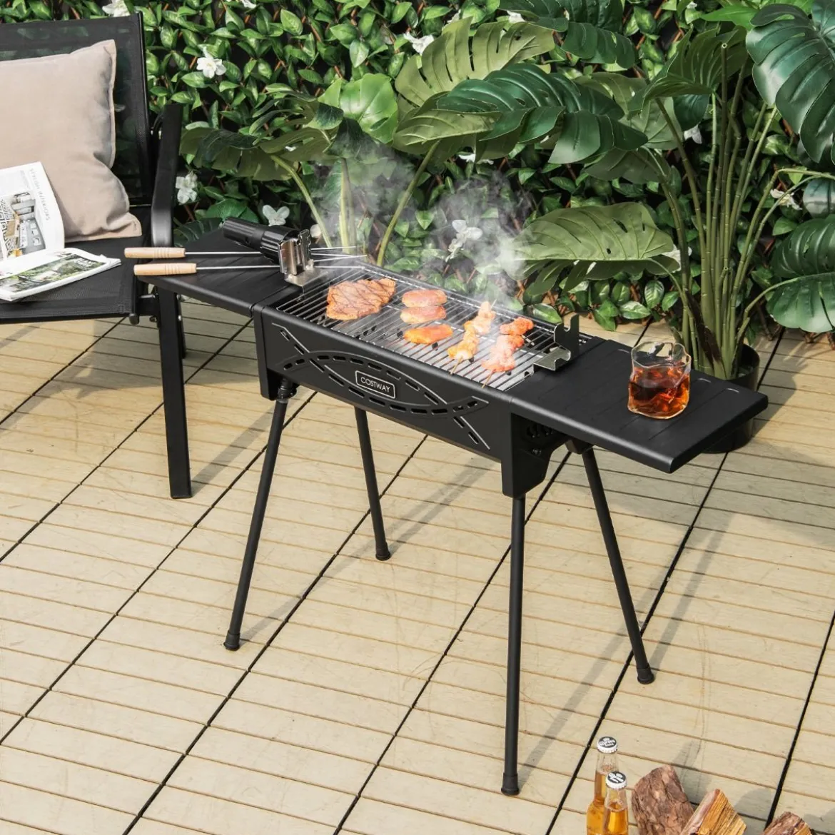 Holzkohlegrill Outdoor-Grill mit Elektrischer Bratgabel Holzkohle-Grillstation für BBQ 108 x 41 x 75 cm