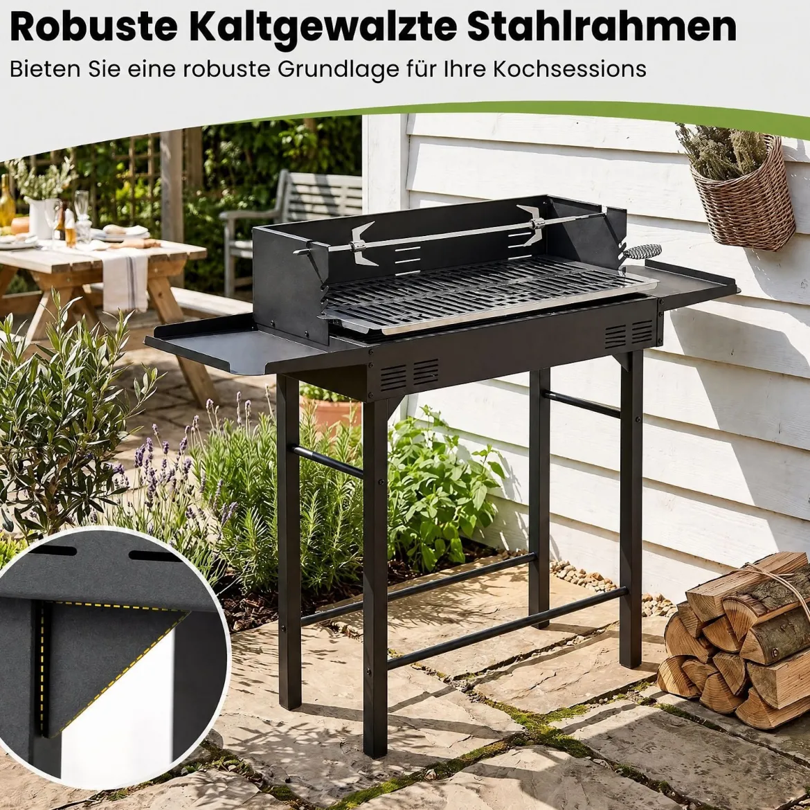 Holzkohlegrill Outdoor Tragbarer Campinggrill mit Integriertem Thermometer aus Metall Schwarz