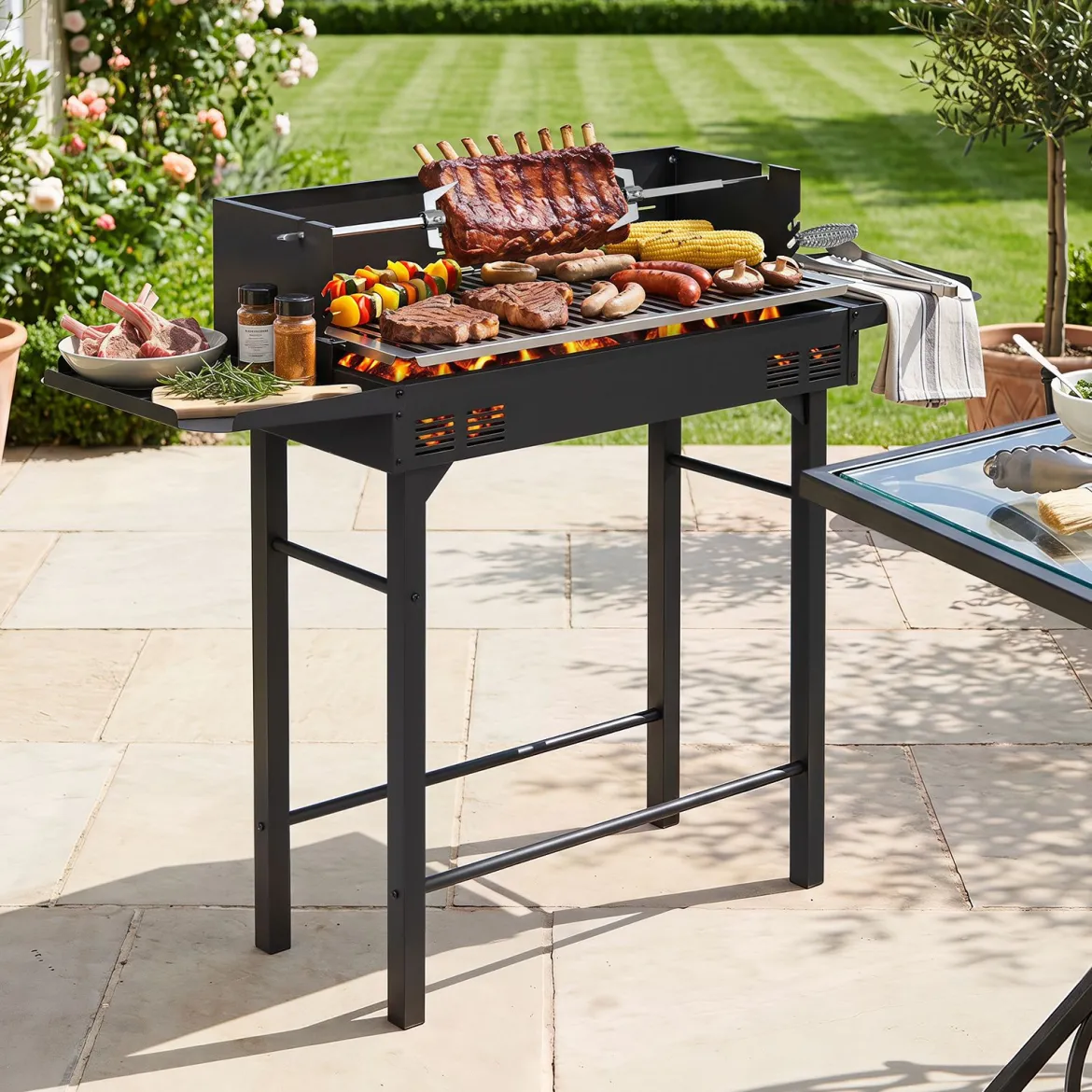 Holzkohlegrill Outdoor Tragbarer Campinggrill mit Integriertem Thermometer aus Metall Schwarz