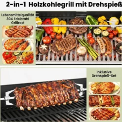 Holzkohlegrill Outdoor Tragbarer Campinggrill mit Integriertem Thermometer aus Metall Schwarz