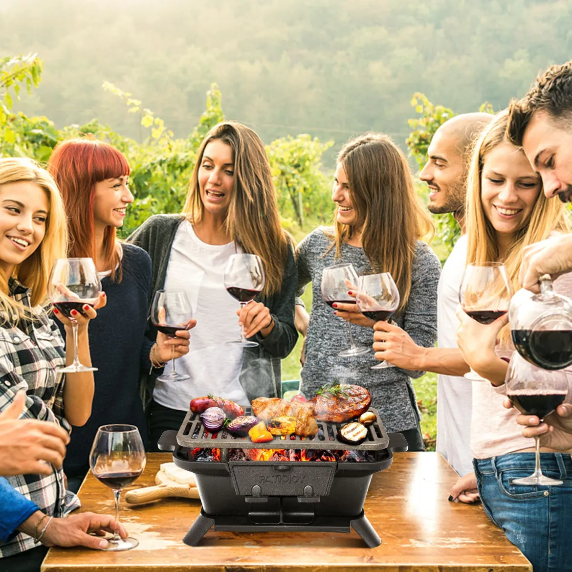 Holzkohlegrill tragbarer gusseiserner Barbecue-Grill BBQ Minigrill Tischgrill für Picknick 2-stufige Grillhöhe 40x27x18cm Schwarz