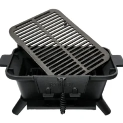 Holzkohlegrill tragbarer gusseiserner Barbecue-Grill BBQ Minigrill Tischgrill für Picknick 2-stufige Grillhöhe 40x27x18cm Schwarz