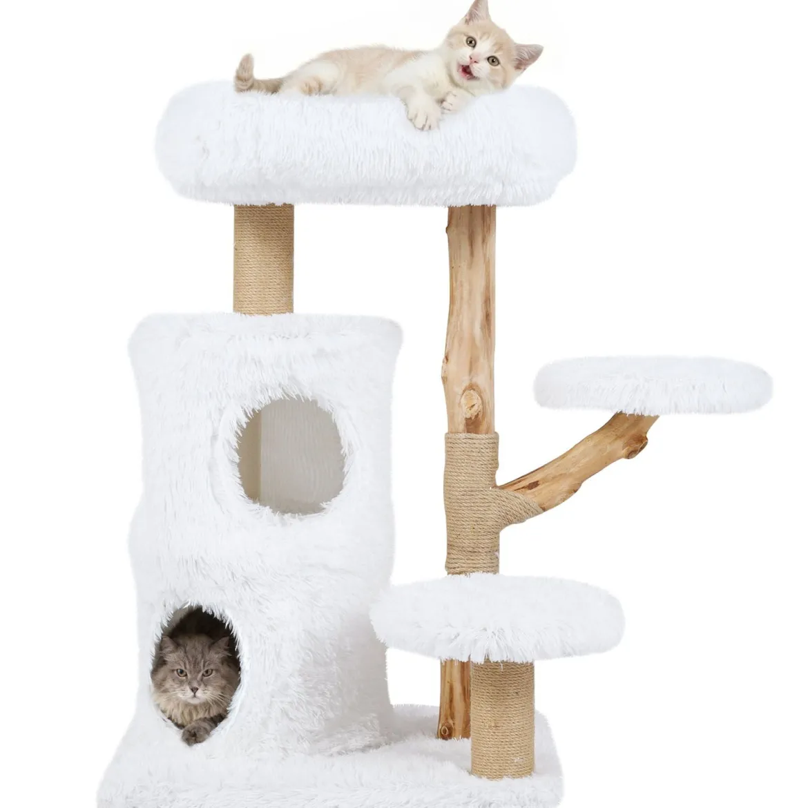 Holz Kratzbaum mit Plüsch Plattformen & 2-stöckiger Katzenhöhle & Jute Kratzsäulen Katzenbaum