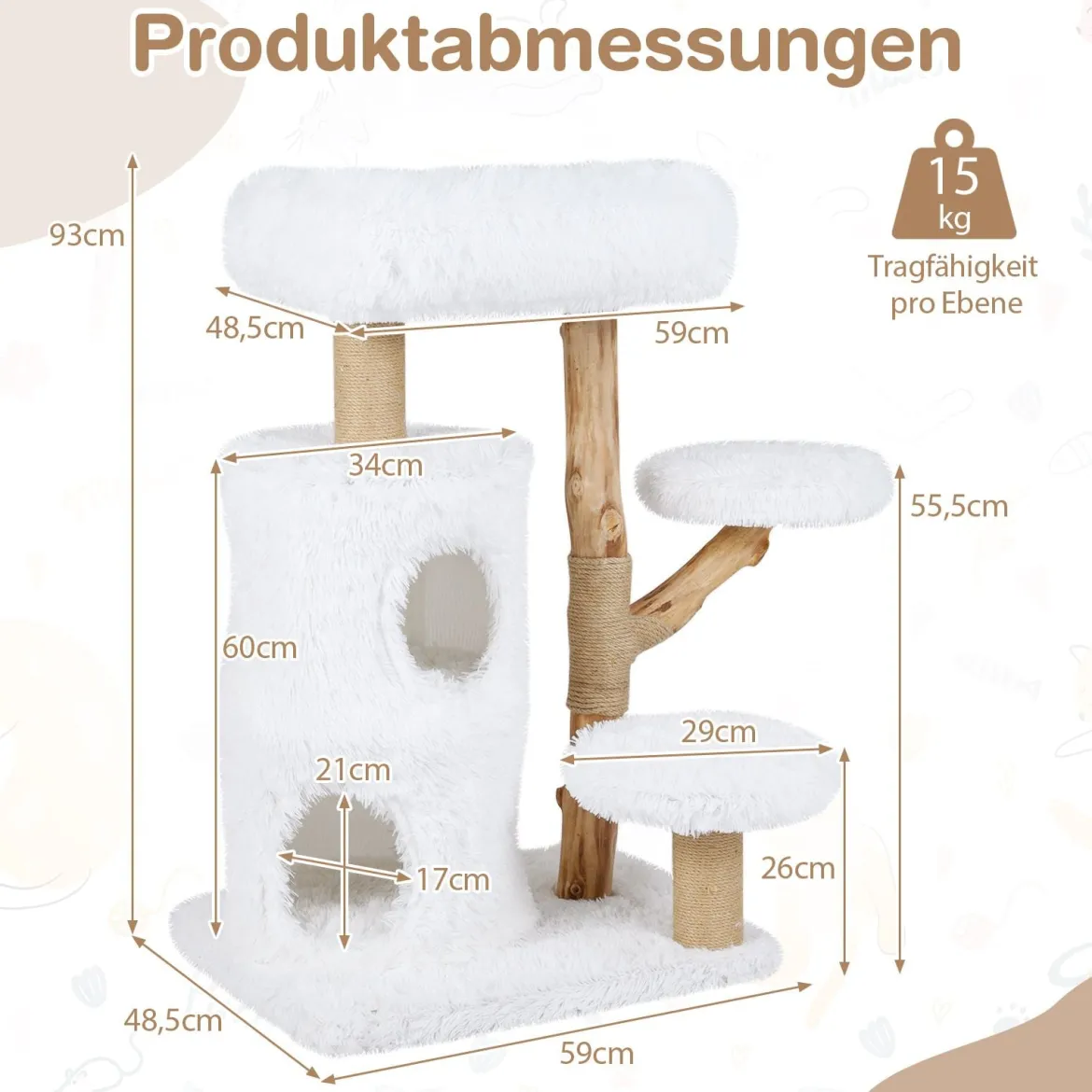 Holz Kratzbaum mit Plüsch Plattformen & 2-stöckiger Katzenhöhle & Jute Kratzsäulen Katzenbaum