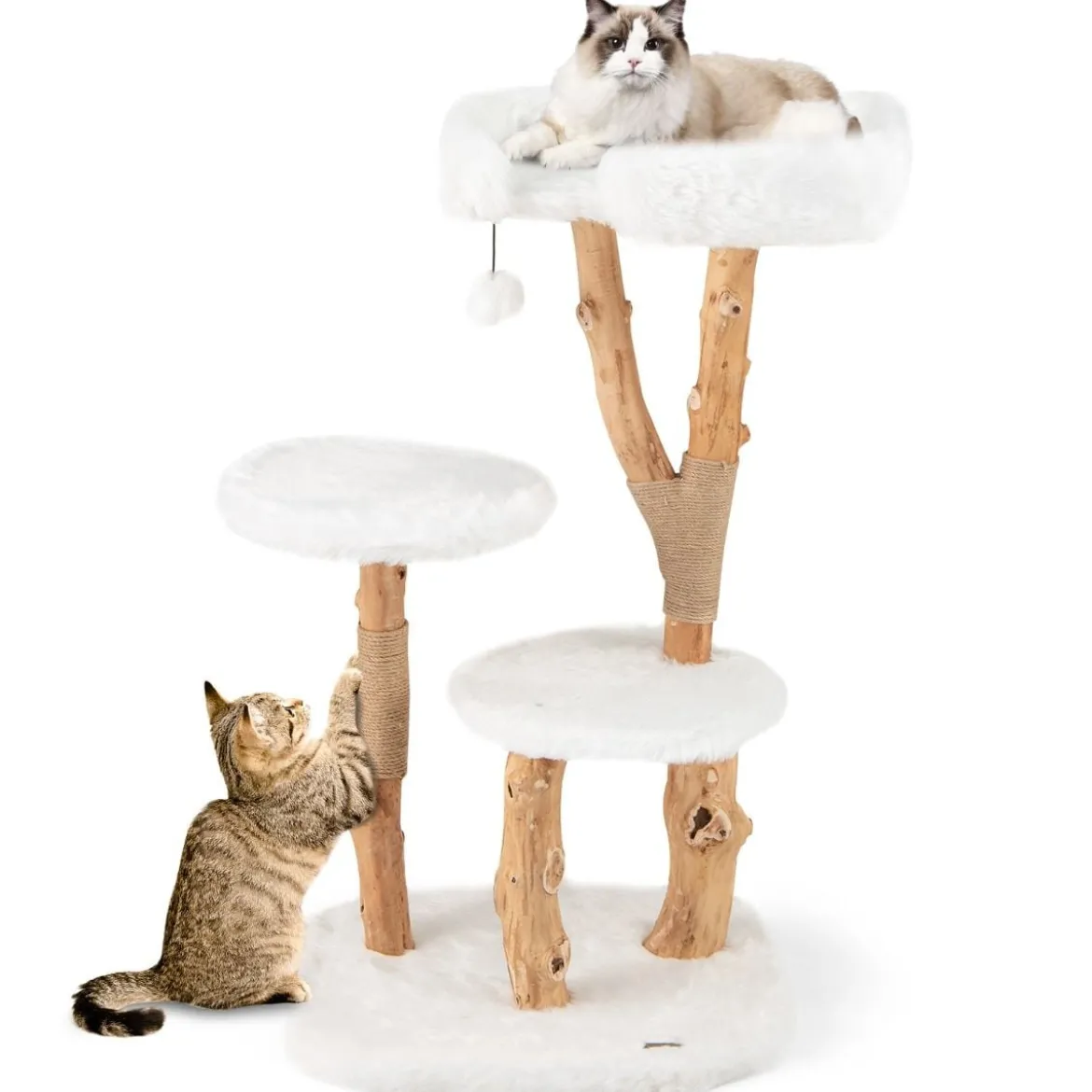 Holz Kratzbaum mit Plüschsitzfläche & 2 Plattformen & Spielball & Kratzpfosten Katzenbaum
