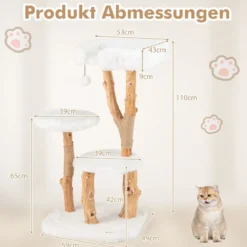 Holz Kratzbaum mit Plüschsitzfläche & 2 Plattformen & Spielball & Kratzpfosten Katzenbaum