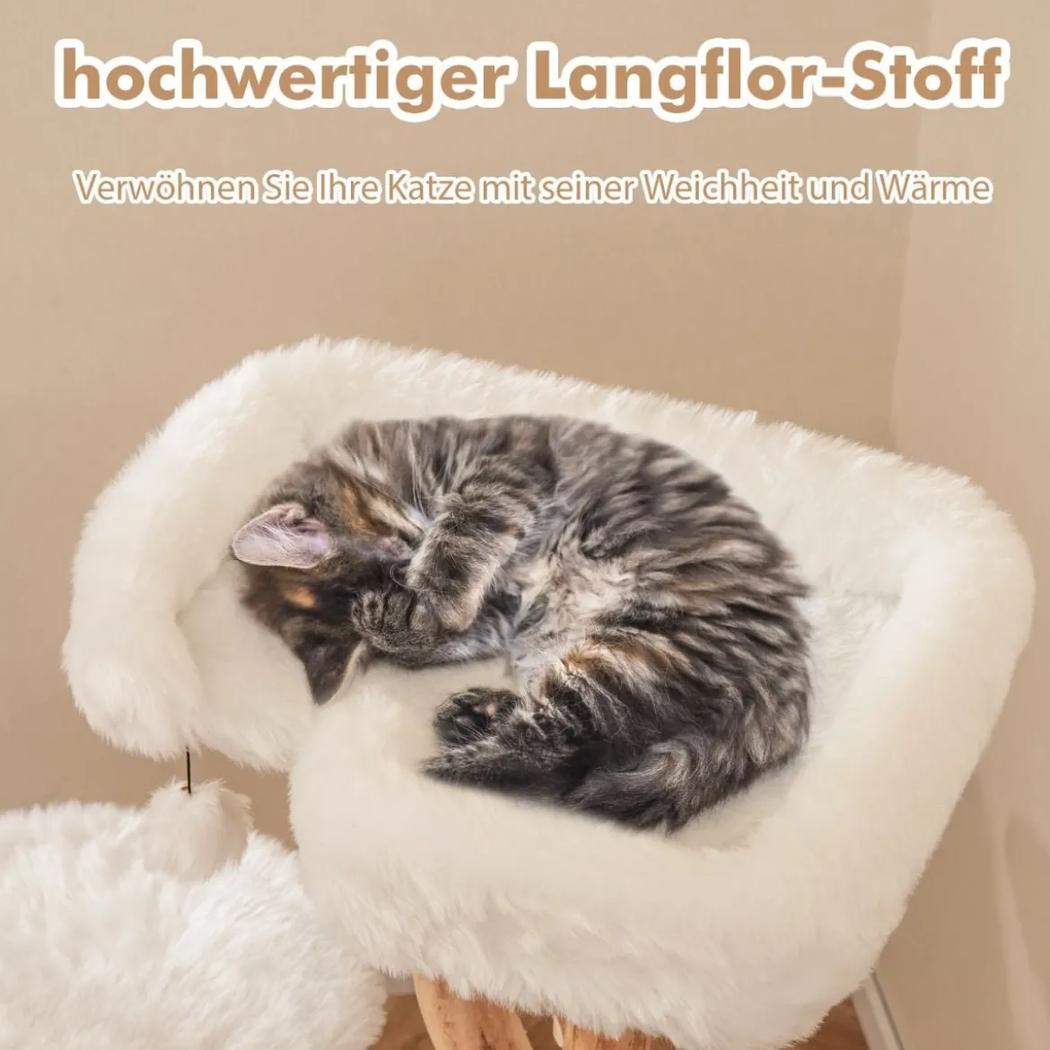 Holz Kratzbaum mit Plüschsitzfläche & 2 Plattformen & Spielball & Kratzpfosten Katzenbaum