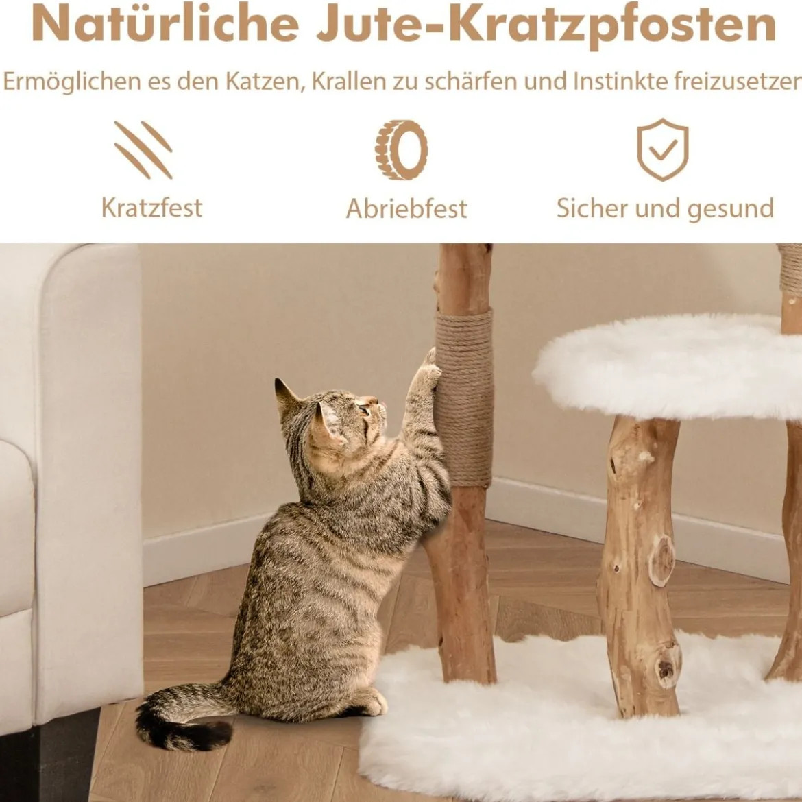 Holz Kratzbaum mit Plüschsitzfläche & 2 Plattformen & Spielball & Kratzpfosten Katzenbaum
