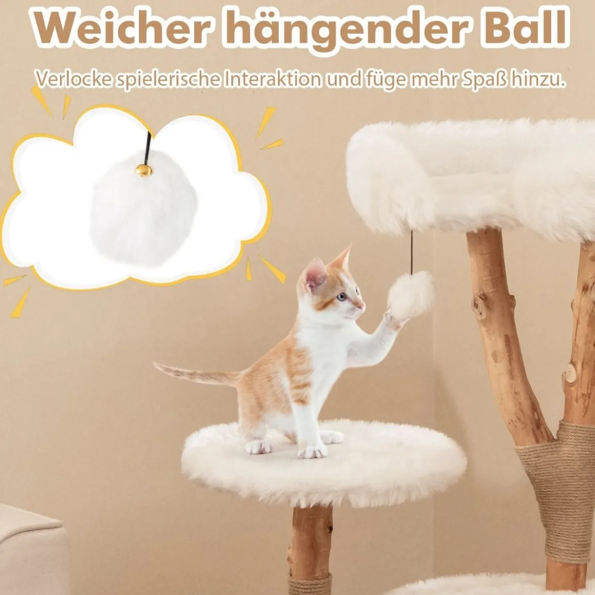 Holz Kratzbaum mit Plüschsitzfläche & 2 Plattformen & Spielball & Kratzpfosten Katzenbaum