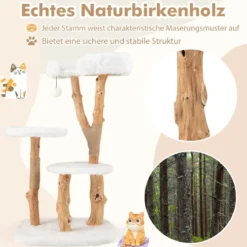 Holz Kratzbaum mit Plüschsitzfläche & 2 Plattformen & Spielball & Kratzpfosten Katzenbaum