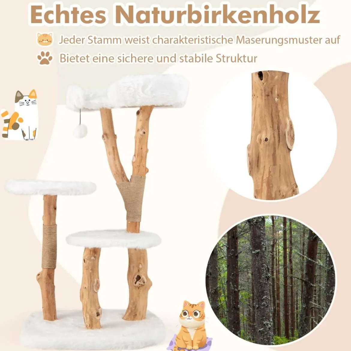Holz Kratzbaum mit Plüschsitzfläche & 2 Plattformen & Spielball & Kratzpfosten Katzenbaum