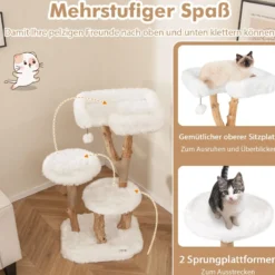 Holz Kratzbaum mit Plüschsitzfläche & 2 Plattformen & Spielball & Kratzpfosten Katzenbaum