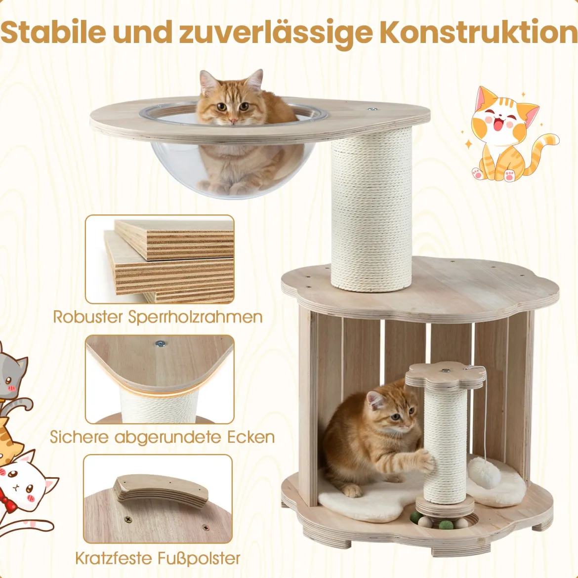 Holz-Kratzbaum 3-stöckiger niedlicher Katzenbaum mit Höhle Raumkapsel Kratzpfosten Holzkugelbahn-Spielzeug Natur