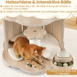 Holz-Kratzbaum 3-stöckiger niedlicher Katzenbaum mit Höhle Raumkapsel Kratzpfosten Holzkugelbahn-Spielzeug Natur