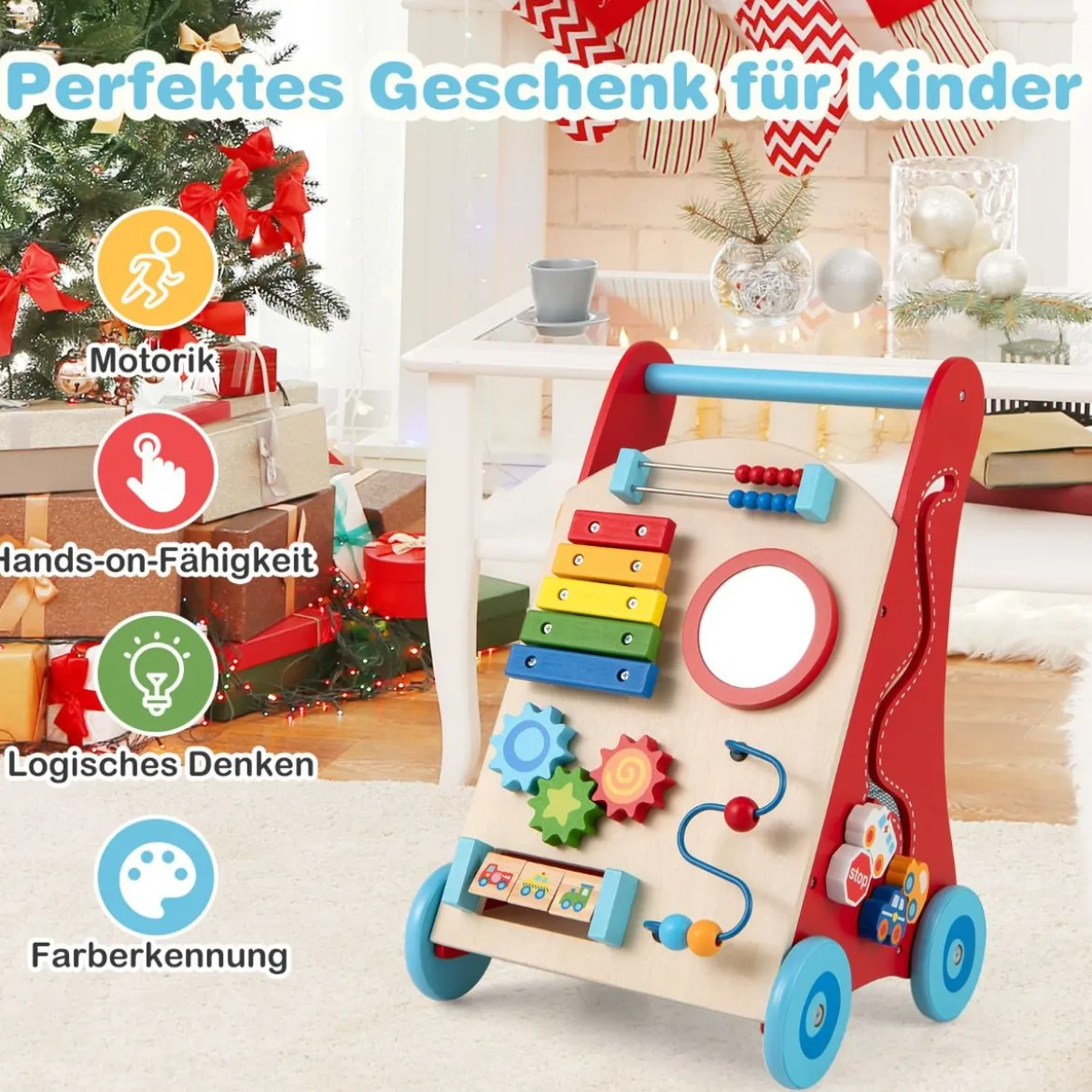 Holz Lauflernhilfe mit Griff & Stauraum & Rädern zum Schieben & Ziehen Lauflernwagen
