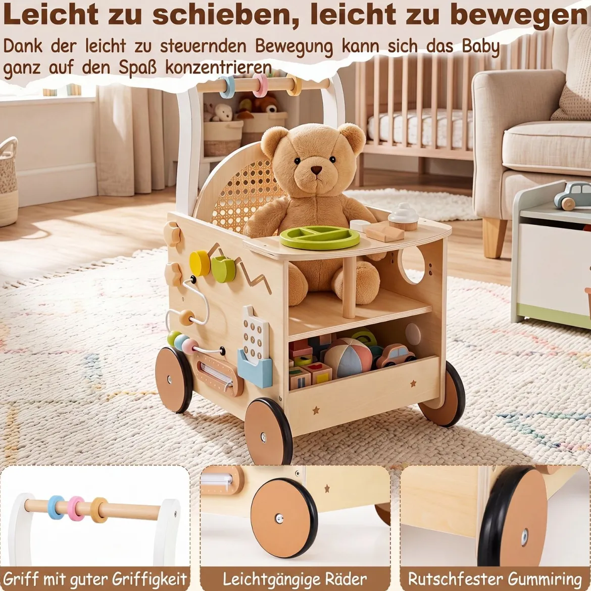 Holz Lauflernwagen mit Abgerundete Kanten für Jungen & Mädchen ab 1 Jahr 35,5 x 31,5 x 50,5 cm
